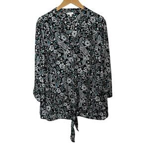 Talbots Floral Bohemian Tie Front Blouse Womens 3X Blue Black White Paisley‎ Top